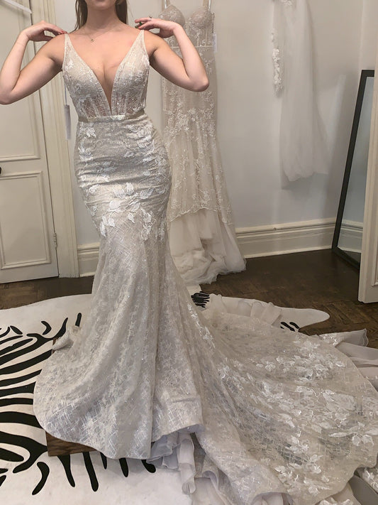 C2024-VF449 - Sleeveless fit-and-flare embroidered wedding gown with sexy deep v-neck bustline