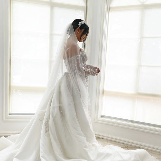 C2024-SLS659 - strapless beaded wedding gown with detachable sheer sleeves