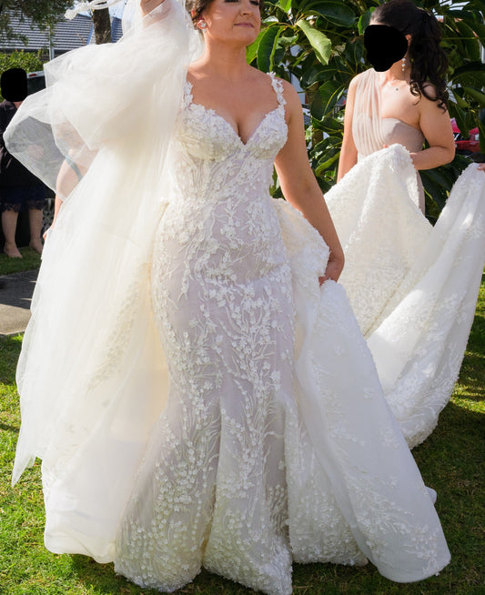 C2024-FF523 - fitted mermaid style wedding gown with 3D flower embellishments and detachable ball gown skirt