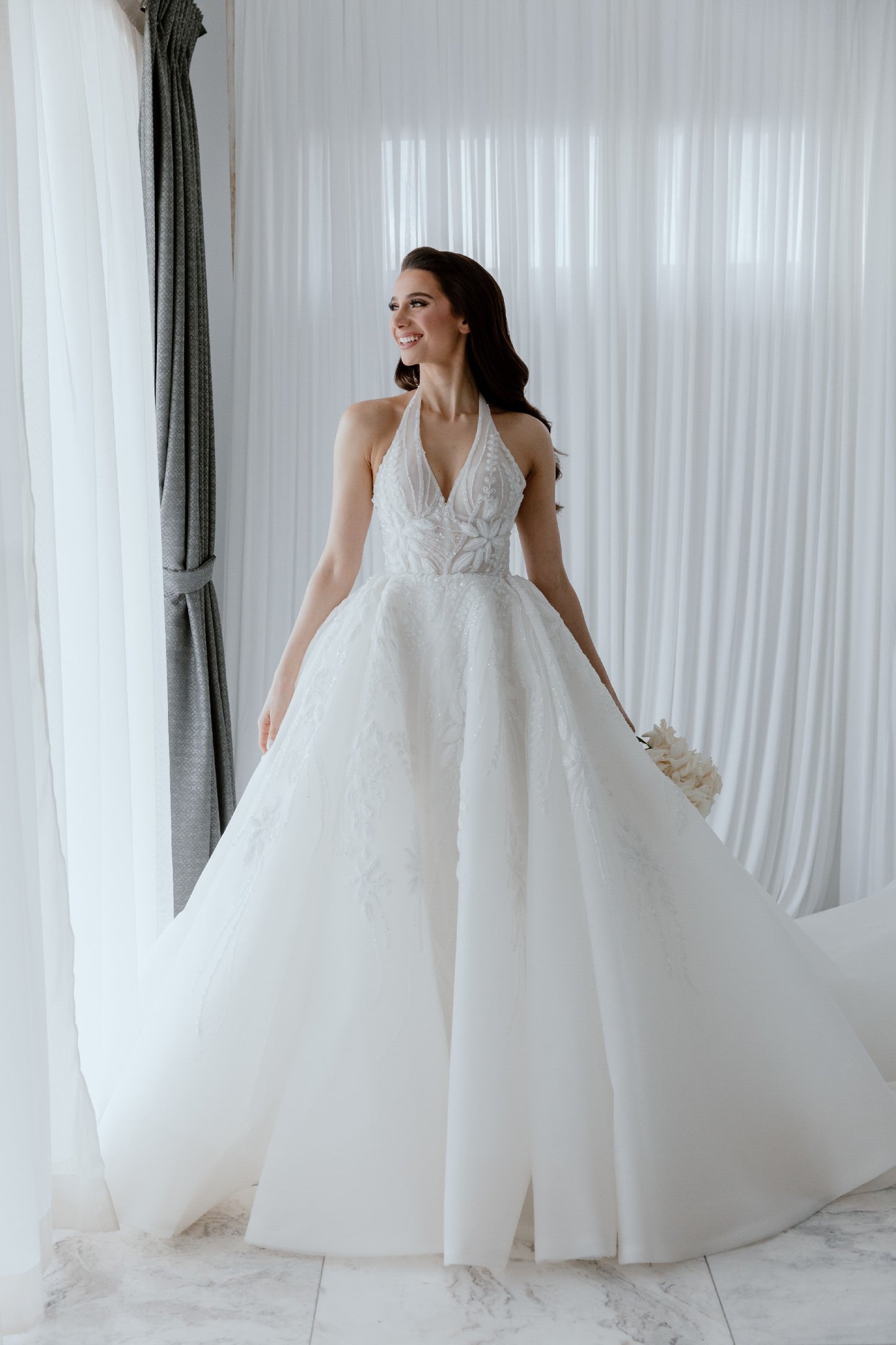 C2024-HB115 - backless halter wedding dress with v-neck and a-line ball gown skirt