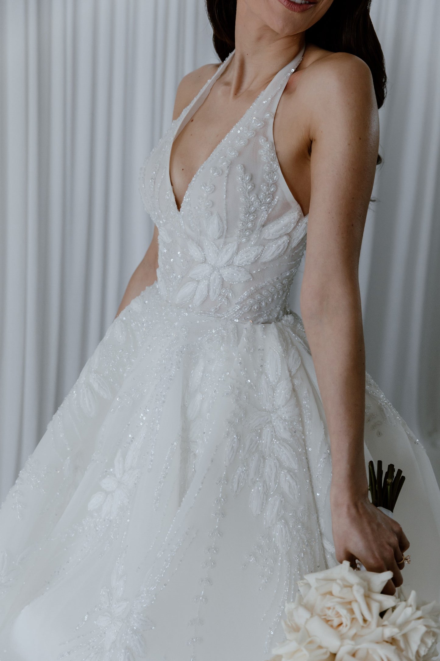 C2024-HB115 - backless halter wedding dress with v-neck and a-line ball gown skirt