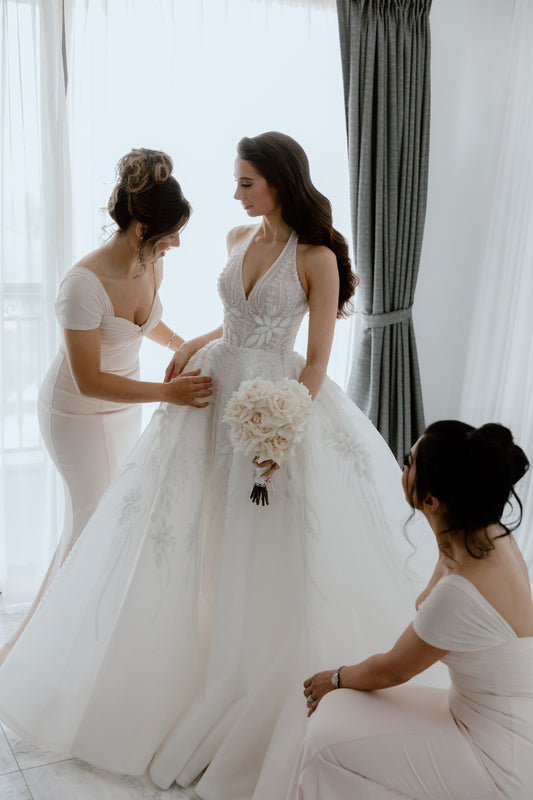 C2024-HB115 - backless halter wedding dress with v-neck and a-line ball gown skirt