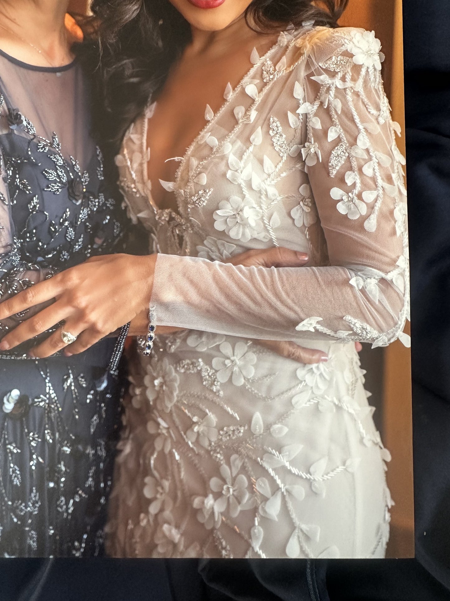 C2024-LS227V - fitted long sleeve wedding gown with open v-neck bustline