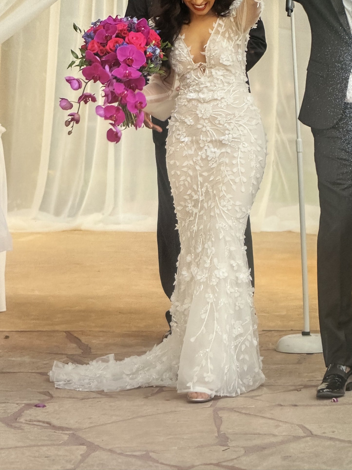 C2024-LS227V - fitted long sleeve wedding gown with open v-neck bustline
