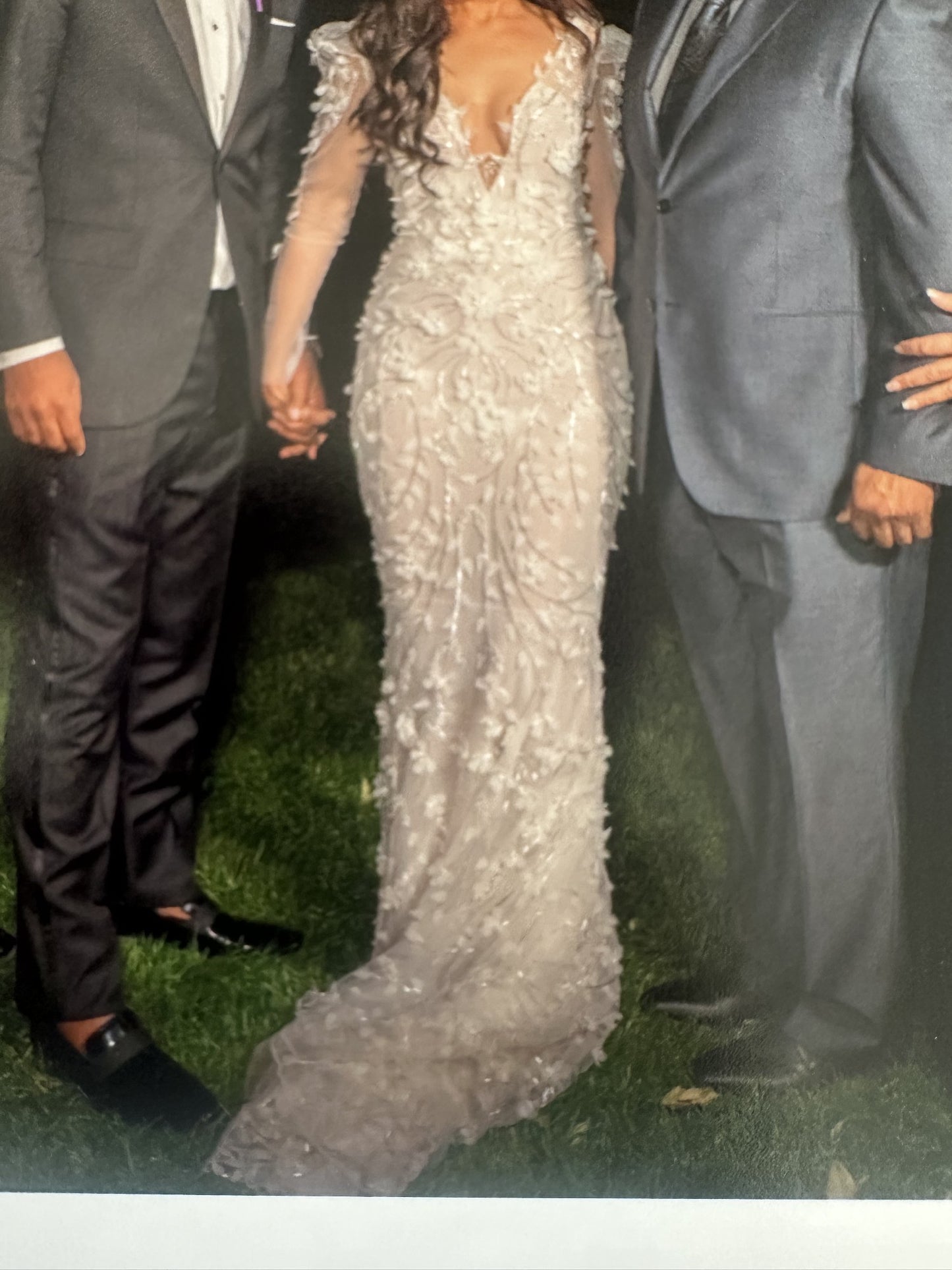 C2024-LS227V - fitted long sleeve wedding gown with open v-neck bustline