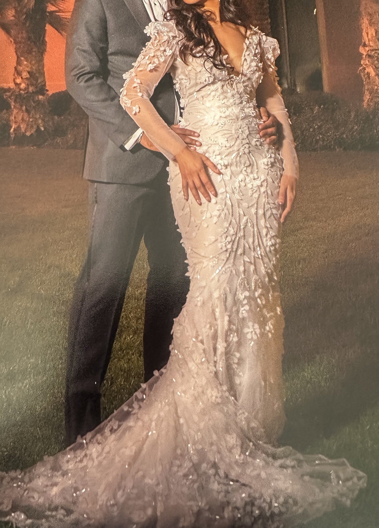 C2024-LS227V - fitted long sleeve wedding gown with open v-neck bustline