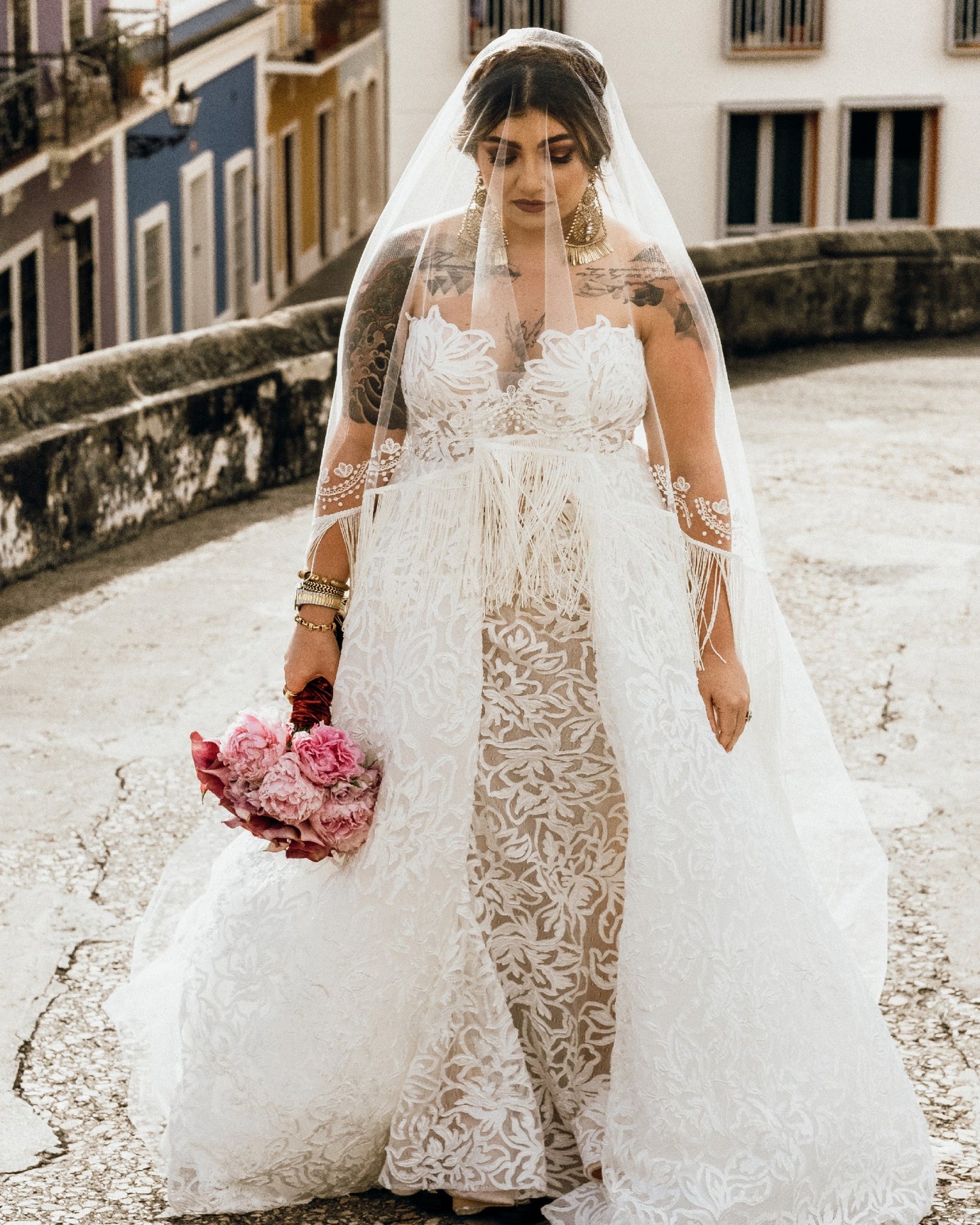 C2024-PS511 - strapless plus size wedding gown with empire waist line and detachable over skirt train