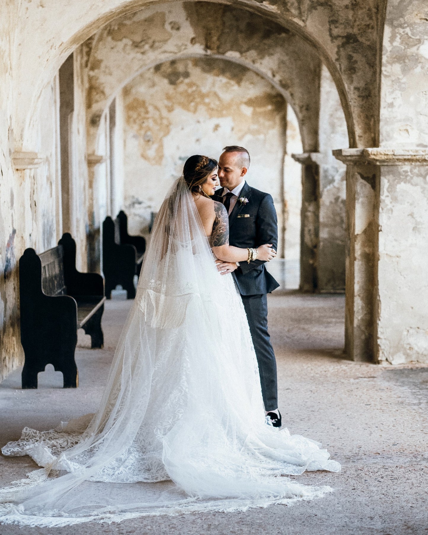 C2024-PS511 - strapless plus size wedding gown with empire waist line and detachable over skirt train