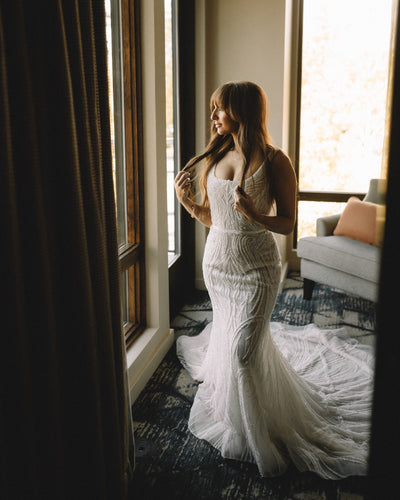 C2024-BF1 - beaded wedding gown with scoop neck and open back