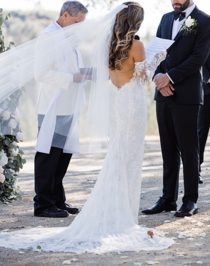 C2024-SS98 - strapless fitted wedding gown with sheer lace elbow length lace gloves