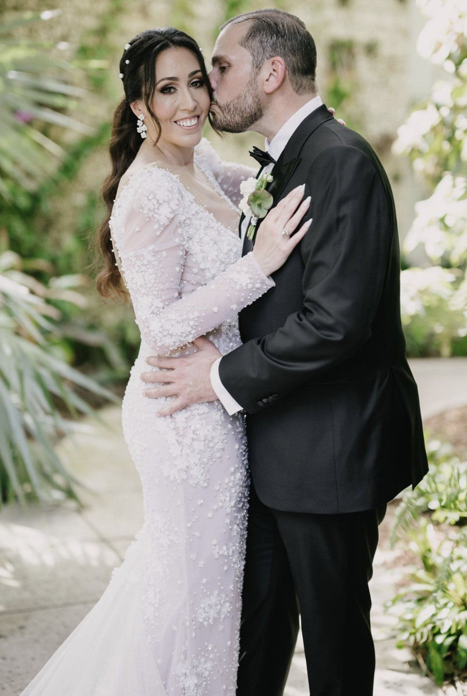 C2024-LSV73 - embellished long sleeve wedding gown with deep sheer v-neck bustline