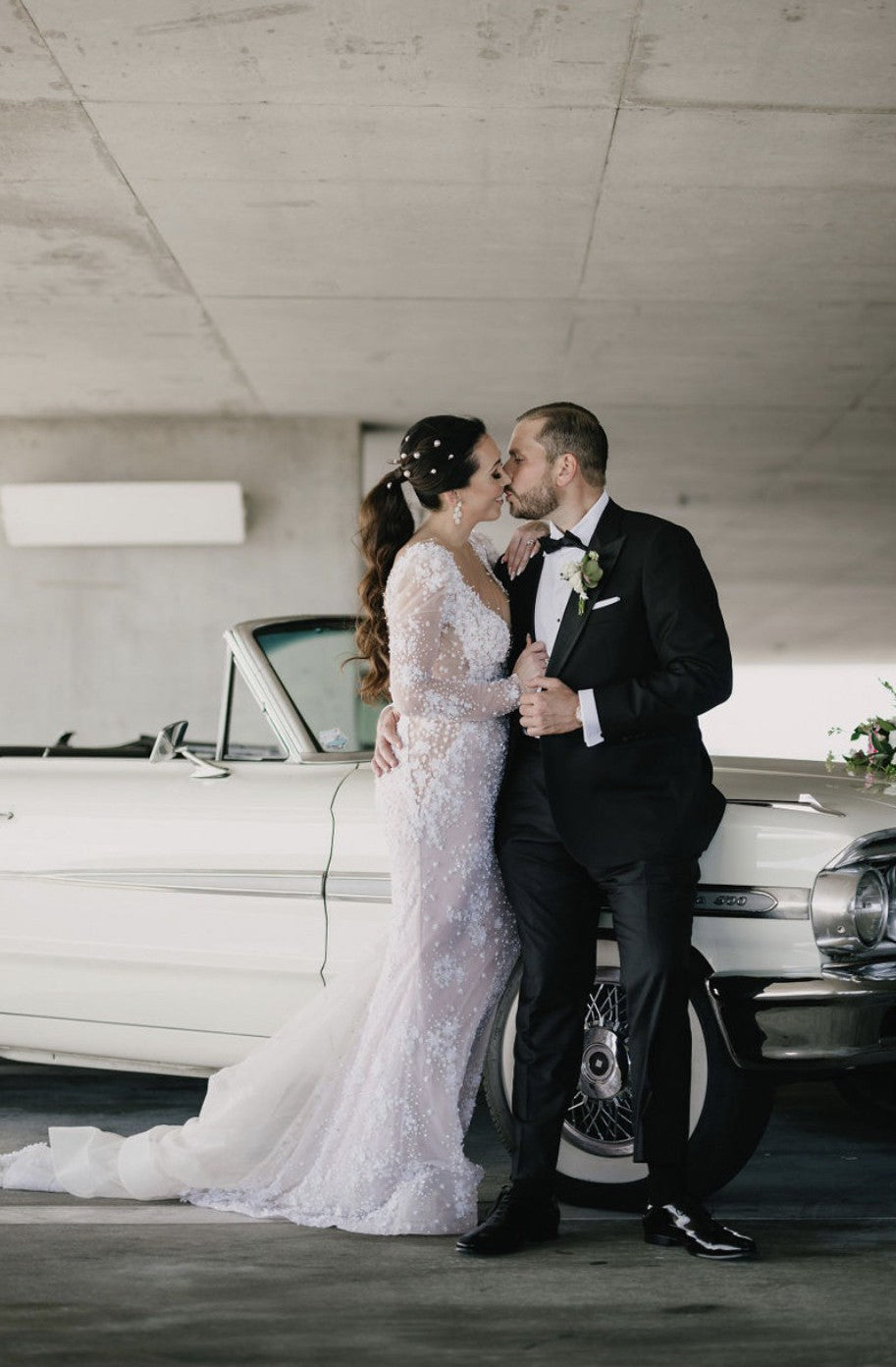 C2024-LSV73 - embellished long sleeve wedding gown with deep sheer v-neck bustline