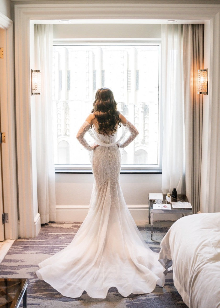 C2024-SS308 - strapless beaded wedding gown with detachable long sleeves