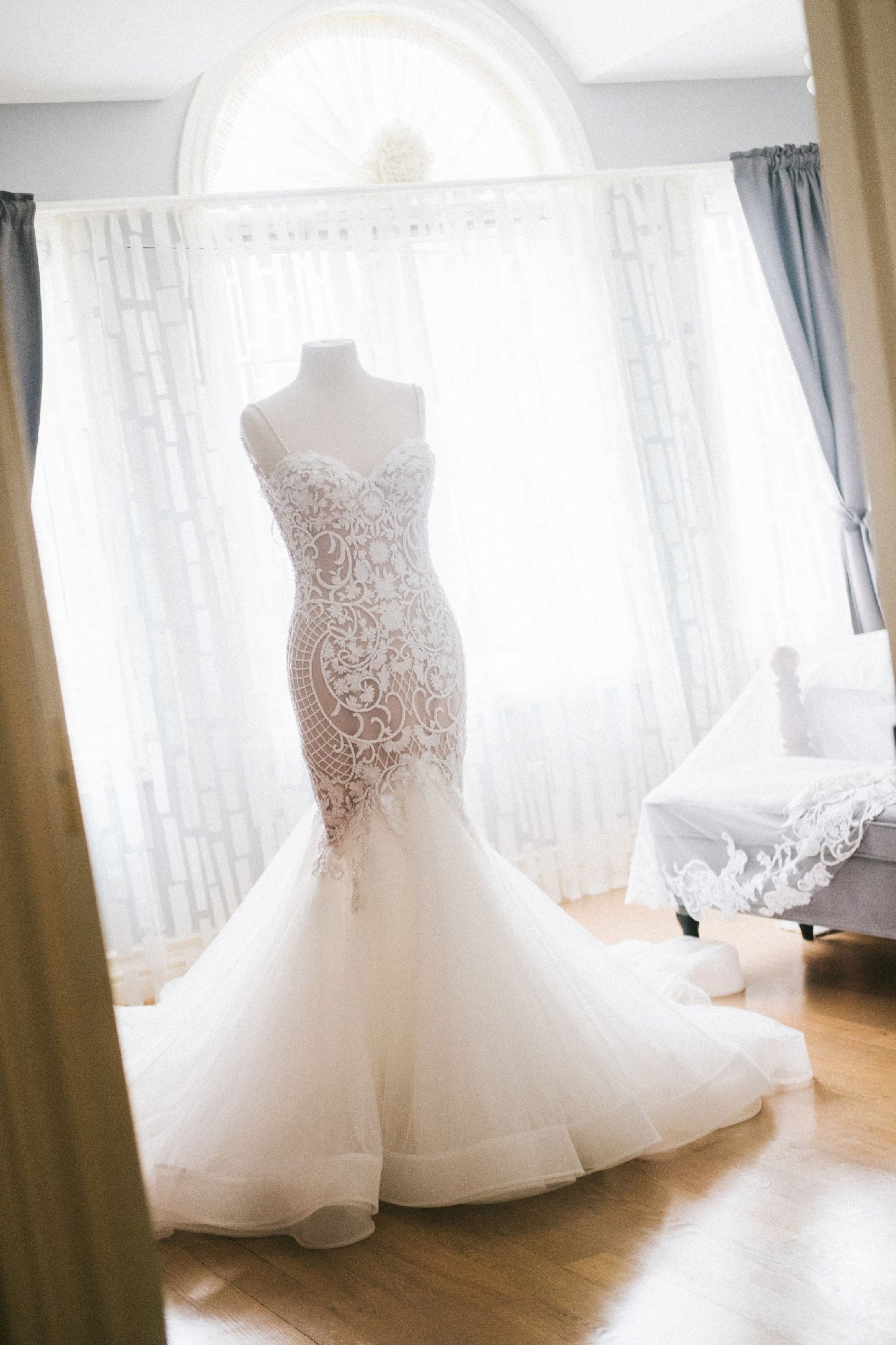 YBW20032 - fit-and-flare embroidered wedding gown with spaghetti straps