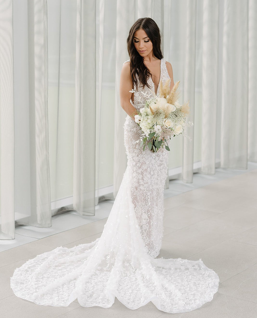 C2024-SF404 - sleeveless v-neck beaded wedding gown with 3D embellishments