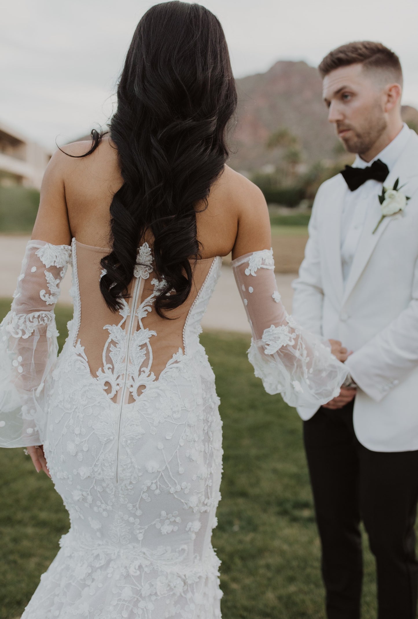 C2024-SL374 - strapless lace wedding gown with detachable long arm sleeves