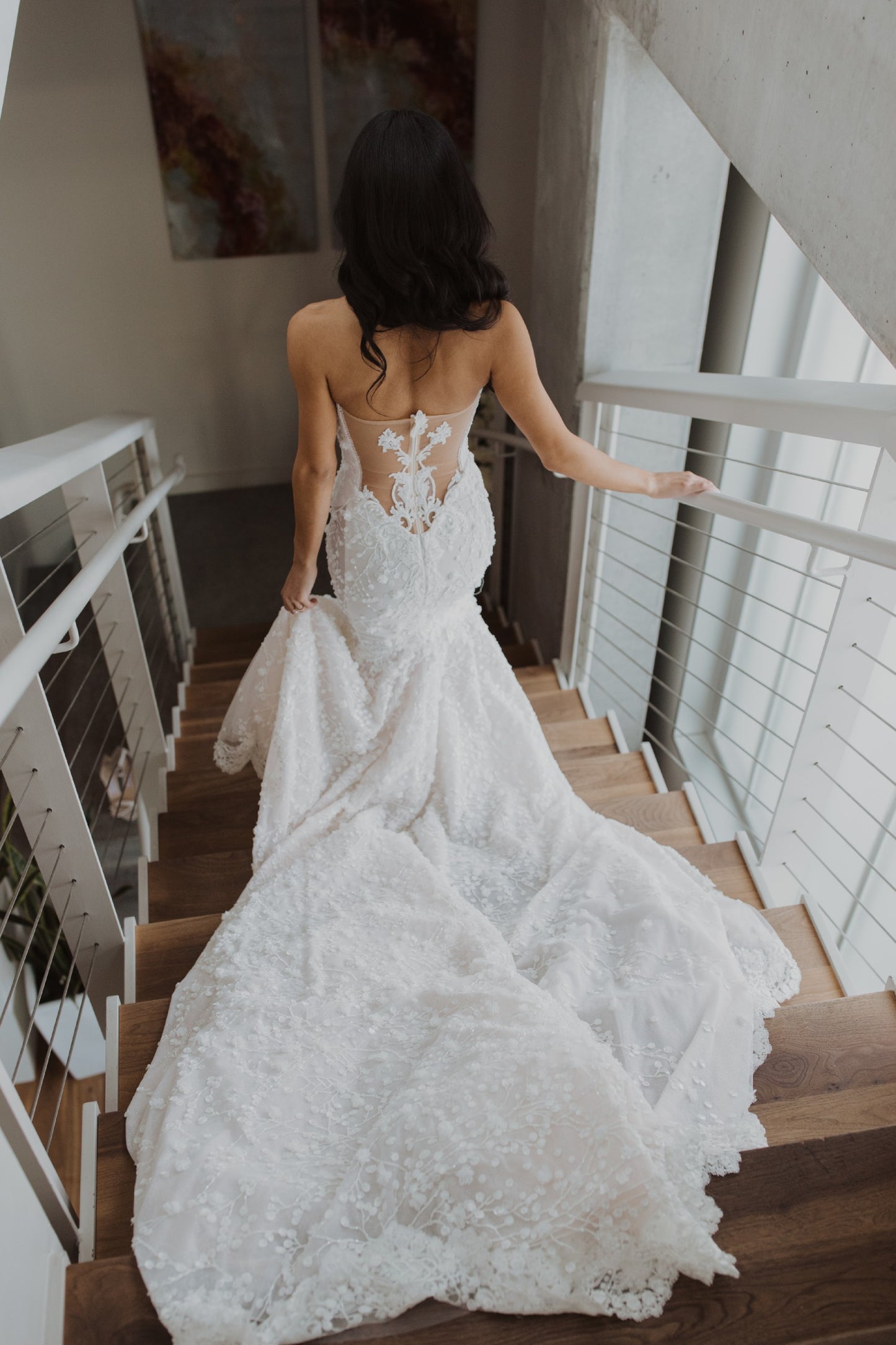 C2024-SL374 - strapless lace wedding gown with detachable long arm sleeves