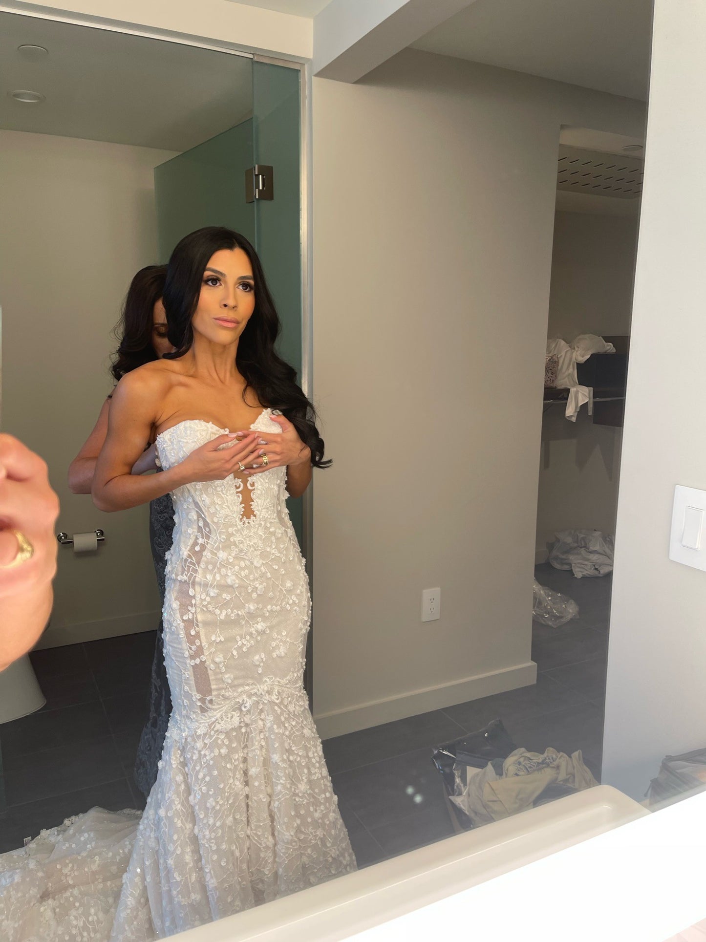 C2024-SL374 - strapless lace wedding gown with detachable long arm sleeves