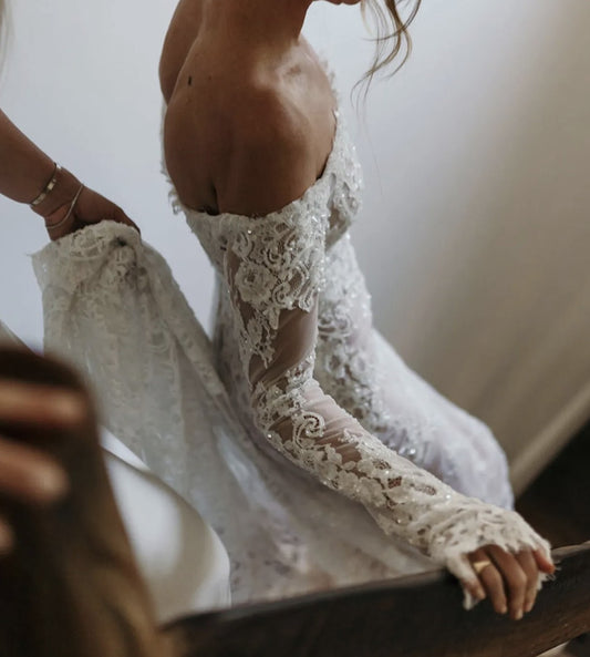 C2024-LSL381 - off the shoulder long sleeve lace wedding gown