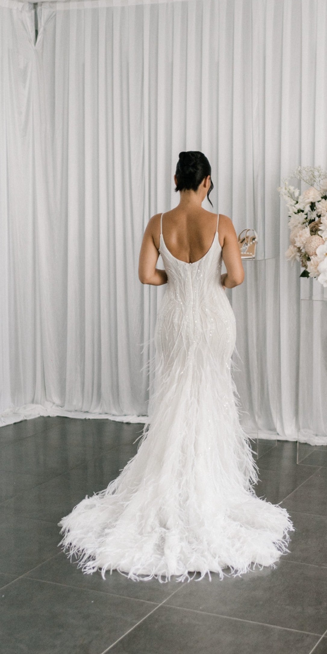 C2024-FF302 - fitted wedding gown with beading, feathers and spaghetti shoulder strap