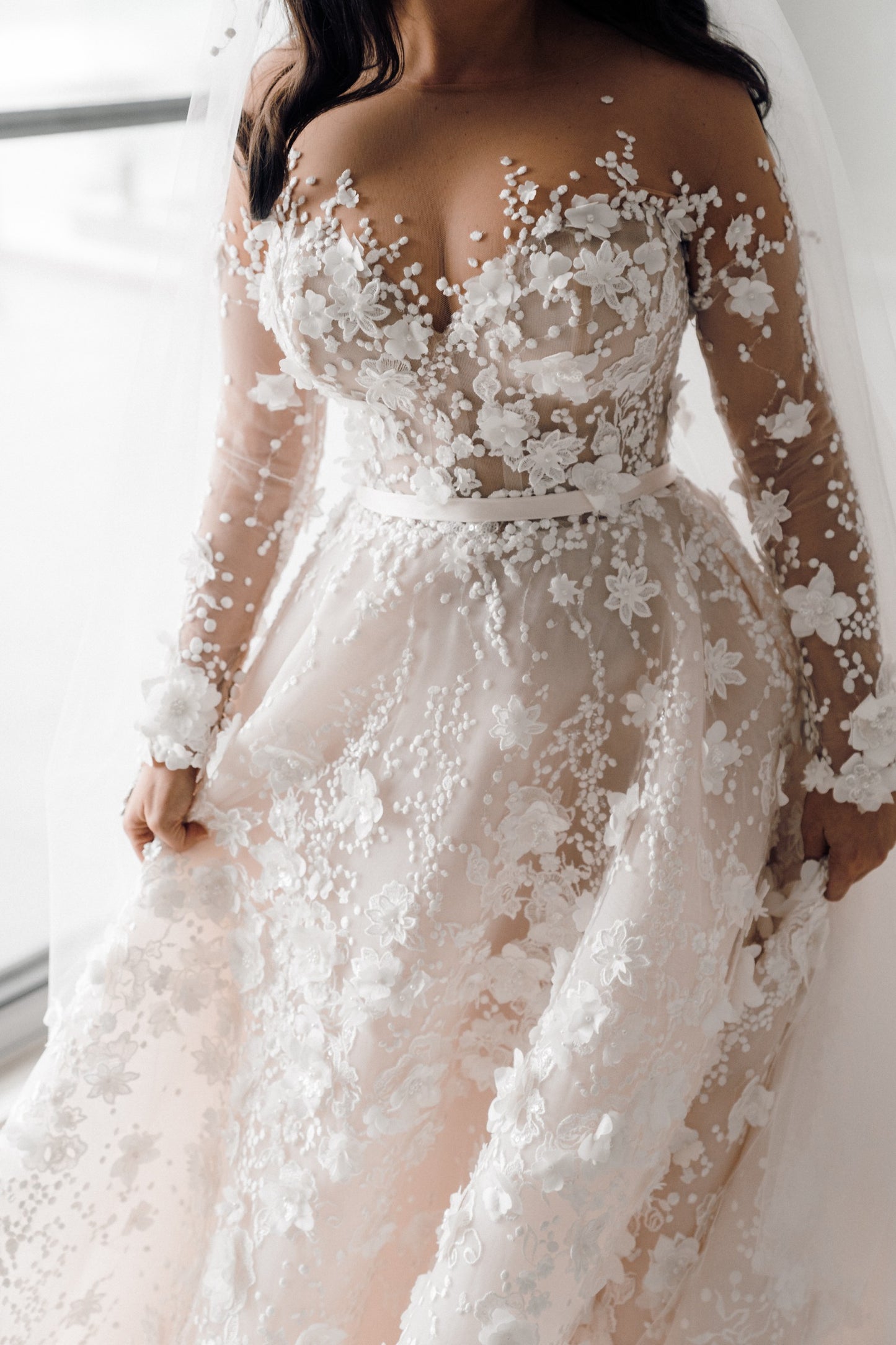 C2024-LSA87 - sheer long sleeve a-line wedding gown with illusion neckline