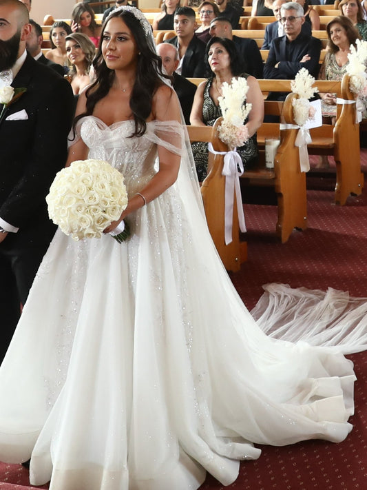 C2024-AS81G - strapless a-line corset wedding dress with draping off the shoulder arm straps