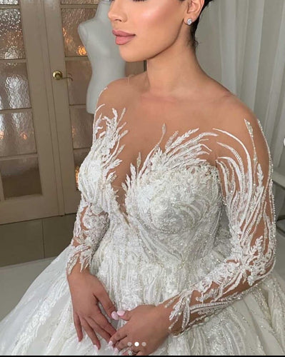 C2024-LS333 - Sheer illusion neck ball gown wedding dress with long sleeves