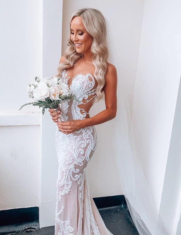 C2024-FS939 - ornate embroidered beaded wedding gown with sheer illusion neckline