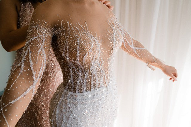 C2024-GE229 - Sheer illusion crystal beaded wedding gown