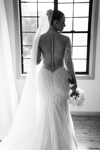 C2024-GE229 - Sheer illusion crystal beaded wedding gown