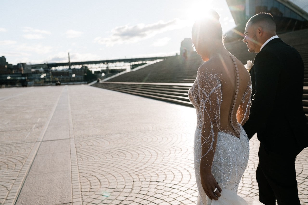 C2024-GE229 - Sheer illusion crystal beaded wedding gown
