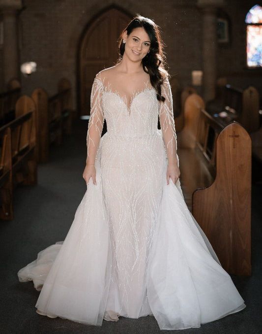 C2024-LS553 - illusion neckline wedding dress with long sheer sleeves