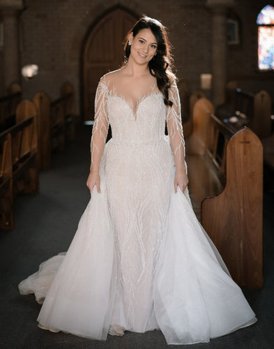 C2024-LS553 - illusion neckline wedding dress with long sheer sleeves