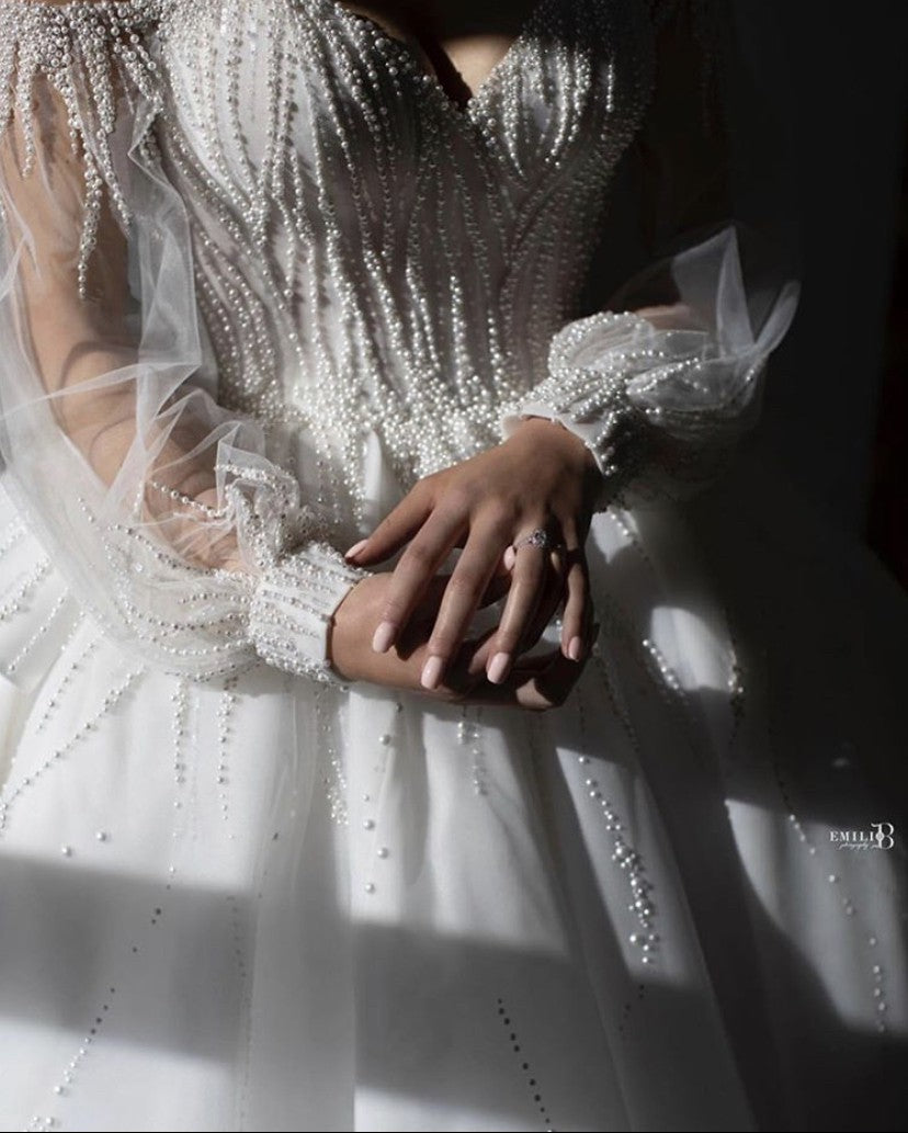 C2024-LSB38 - off the shoulder ball gown wedding dress with bishop long sleeves