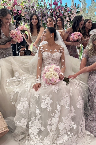 C2024-LS919 - Strapless a-line wedding gown with detachable sheer long sleeves and illusion neckline
