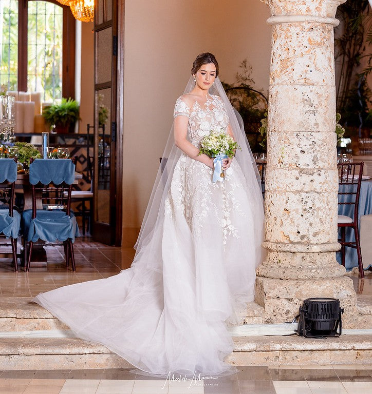 C2024-SSA812 - short sleeve a-line wedding gown with beaded embroidery embellishments