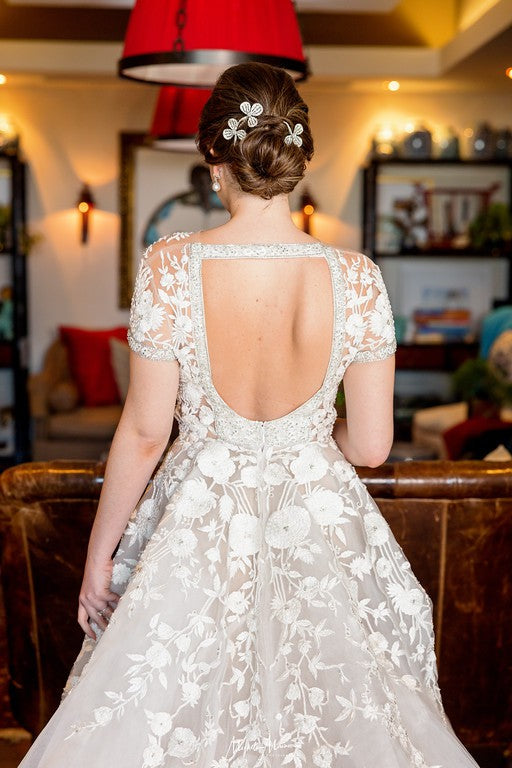 C2024-SSA812 - short sleeve a-line wedding gown with beaded embroidery embellishments