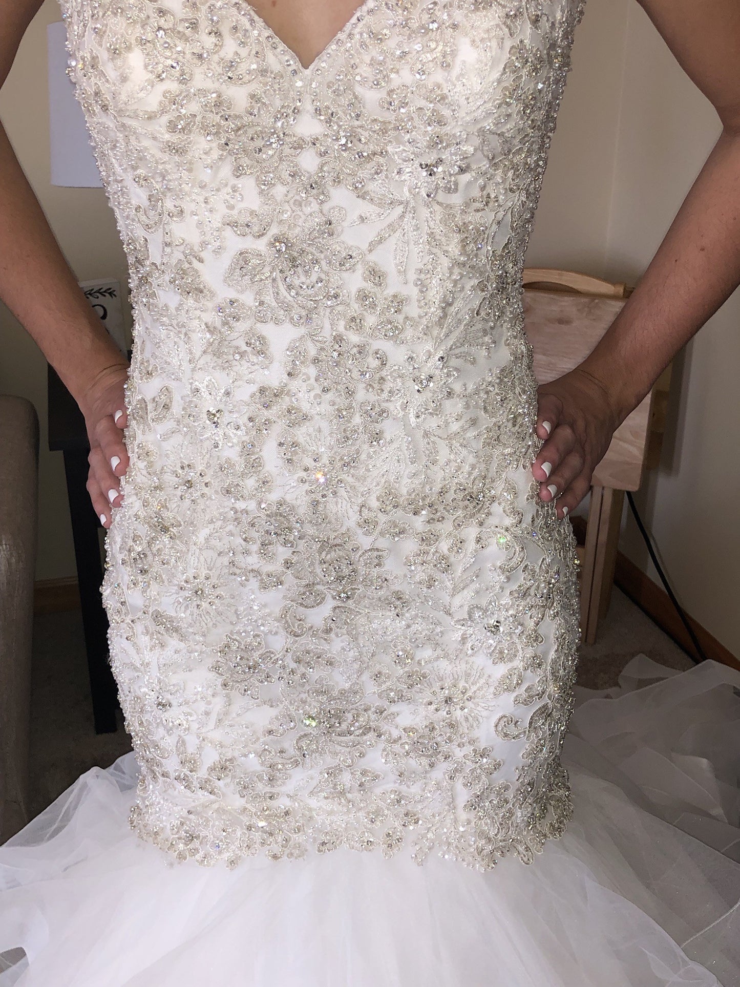 Style 9421 - strapless sweetheart fit-to-flare wedding gown with beaded lace bodice