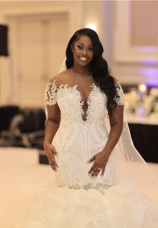 C2024-EA21 - Fit-To-Flare beaded off the shoulder wedding gown