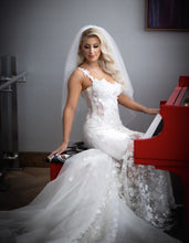 C2024-GL733 - fit-to-flare lace wedding gown with sheer insets