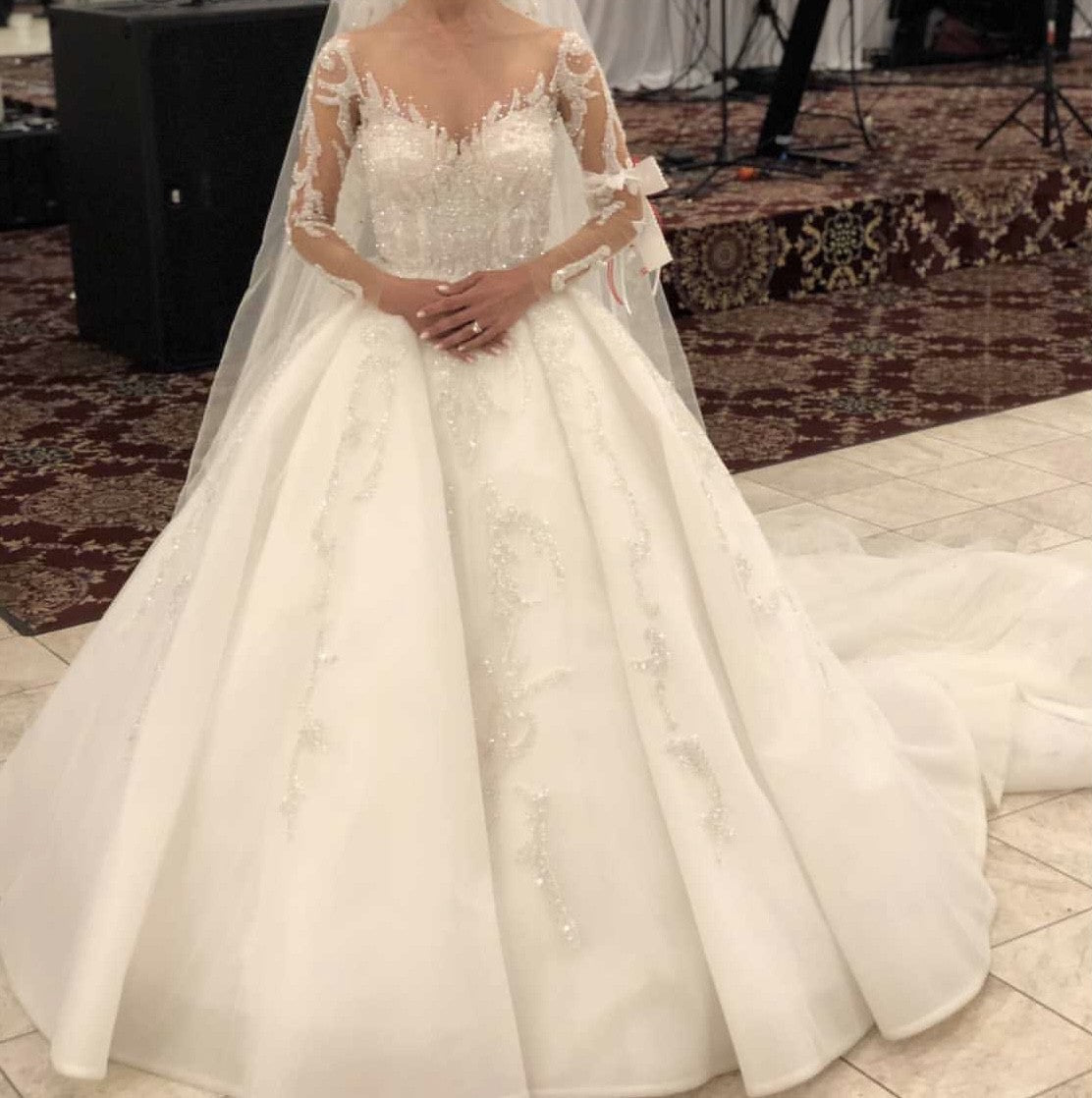 C2024-NAL440 - Illusion neckline beaded wedding ball gown with sheer long sleeves