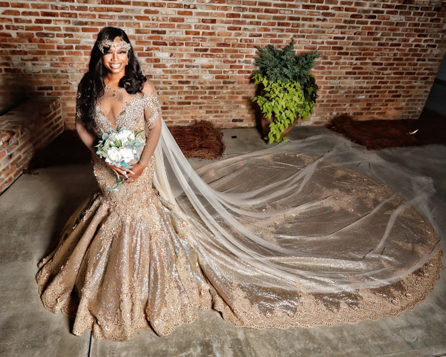 C2024-LSP303 - Swarovski Crystal Beaded Long Sleeve fit-to-flare Wedding Gown with illusion bust line