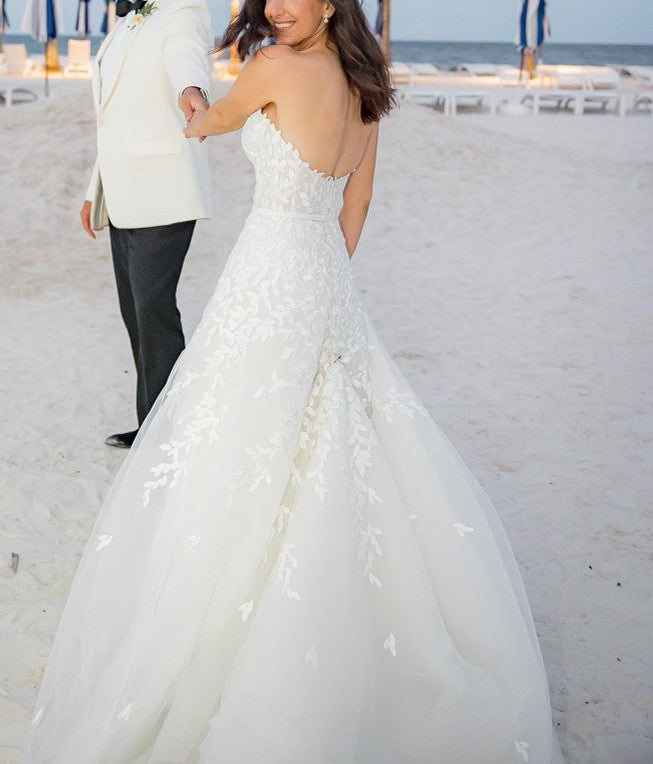 C2024-SA119 - strapless a-line beaded lace wedding gown with chapel train