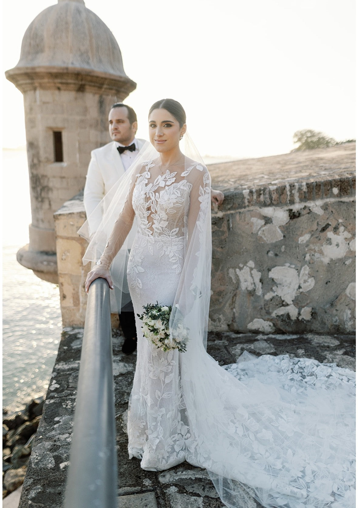 C2024-LS204 - sheer long sleeve wedding gown with illusion neckline