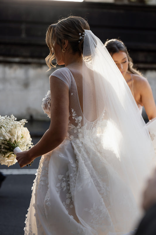 C2024-LDG62 - sheer cap sleeve a-line wedding gown with deep v-neck bust line