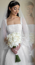 C2024-NAL404 - square neck wedding gown with detachable sheer long bishop sleeves