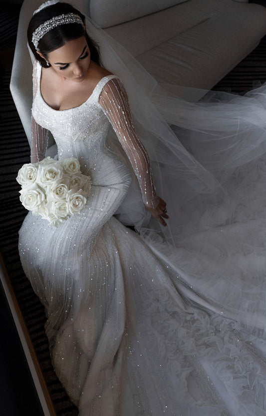 C2024-NAL601 - sheer long sleeve beaded wedding gown