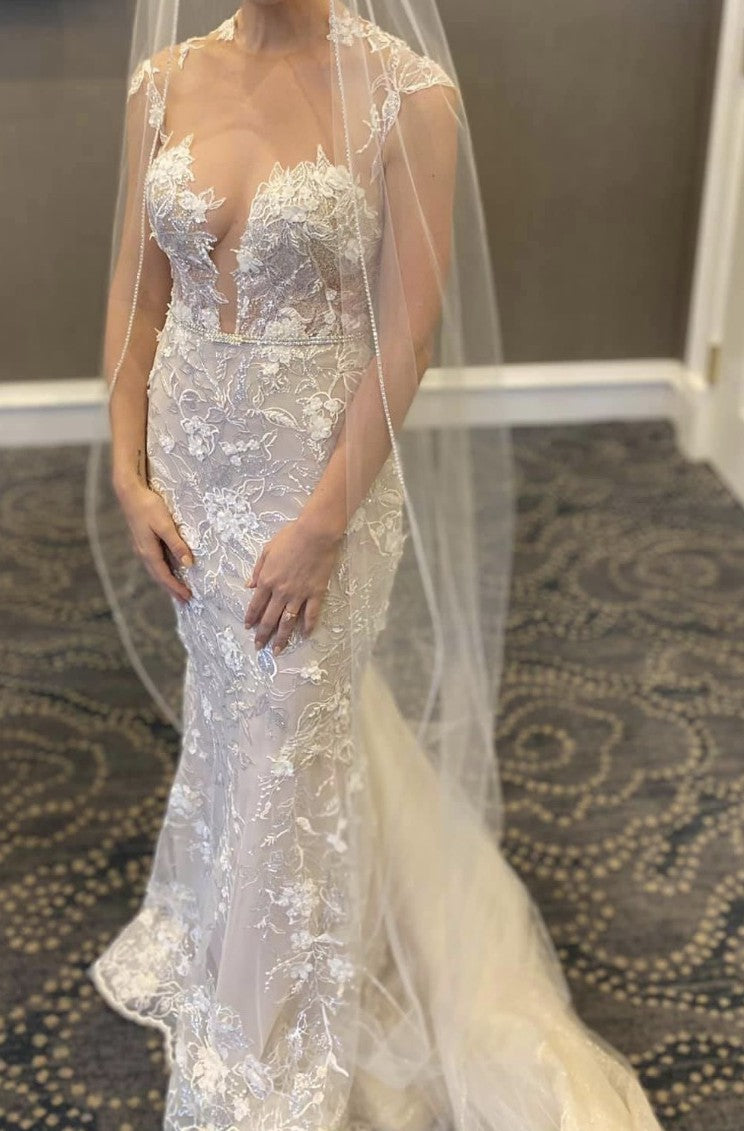 C2024-BP284 - cap sleeve illusion neckline lace wedding gown
