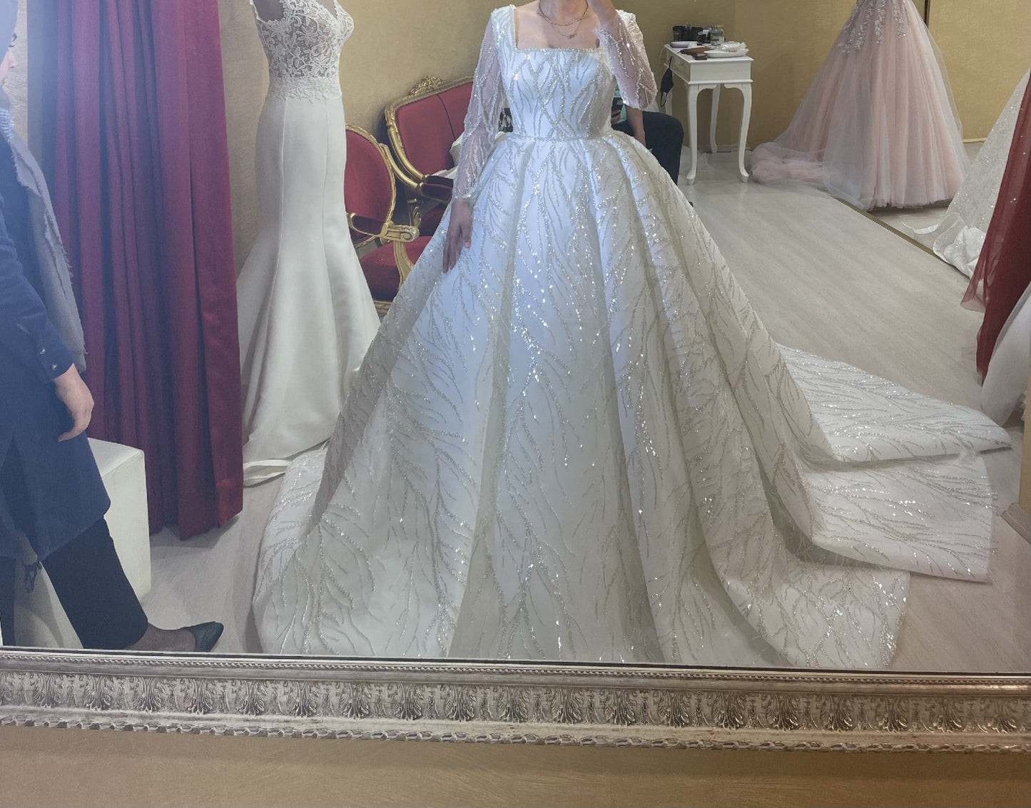 C2024-BG861 - beaded square neck wedding ball gown with sheer long sleeves
