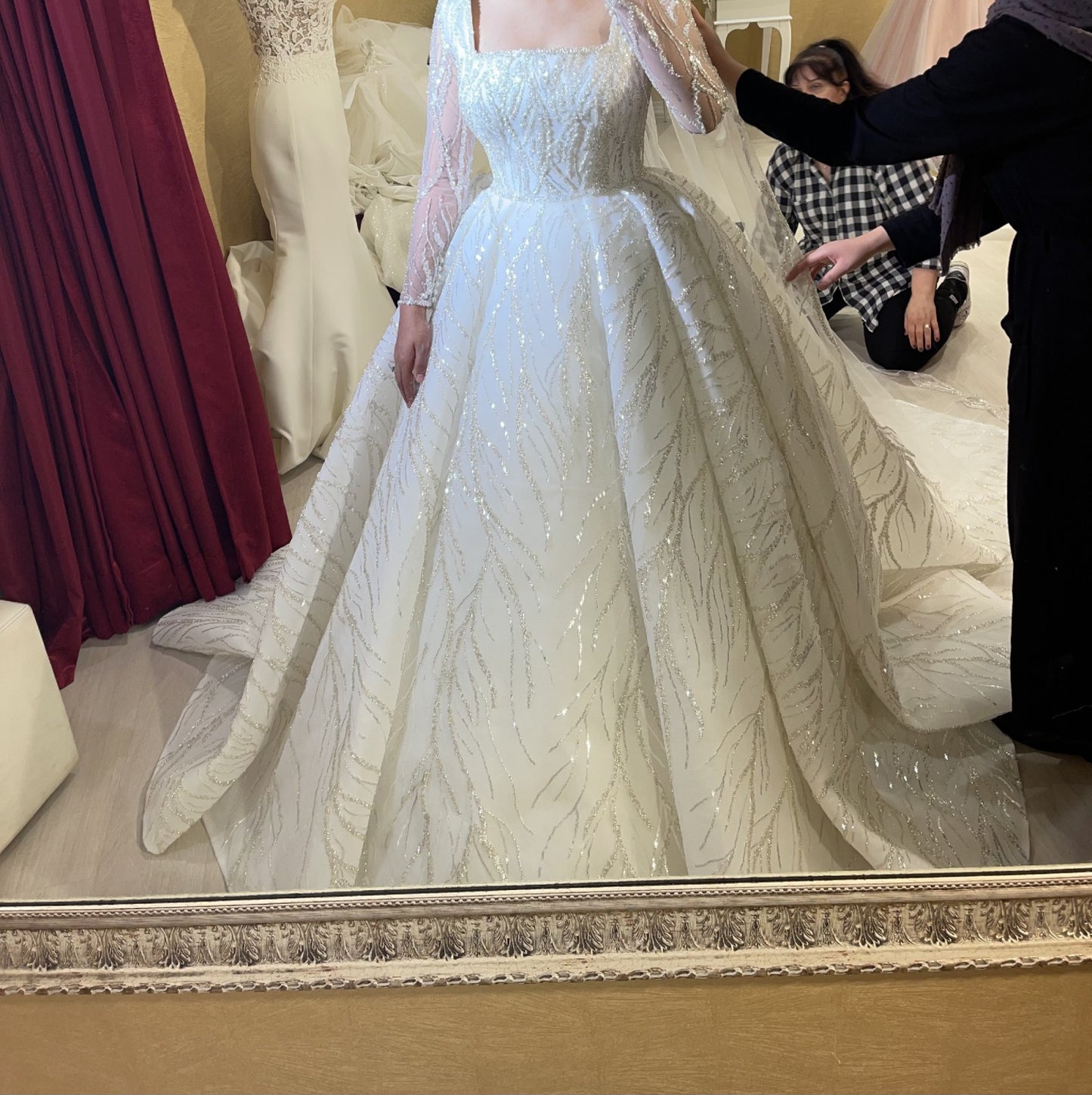 C2024-BG861 - beaded square neck wedding ball gown with sheer long sleeves